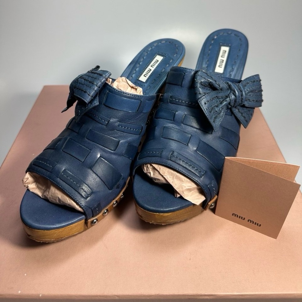 Miu Miu Navy Woven Leather Mules with Bow Accent ~ Studs Brand New In Box